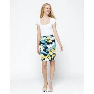 Lysse Charity Pencil Skirt Medium Navy Yellow Abstract Floral Elastic‎ Waist NEW